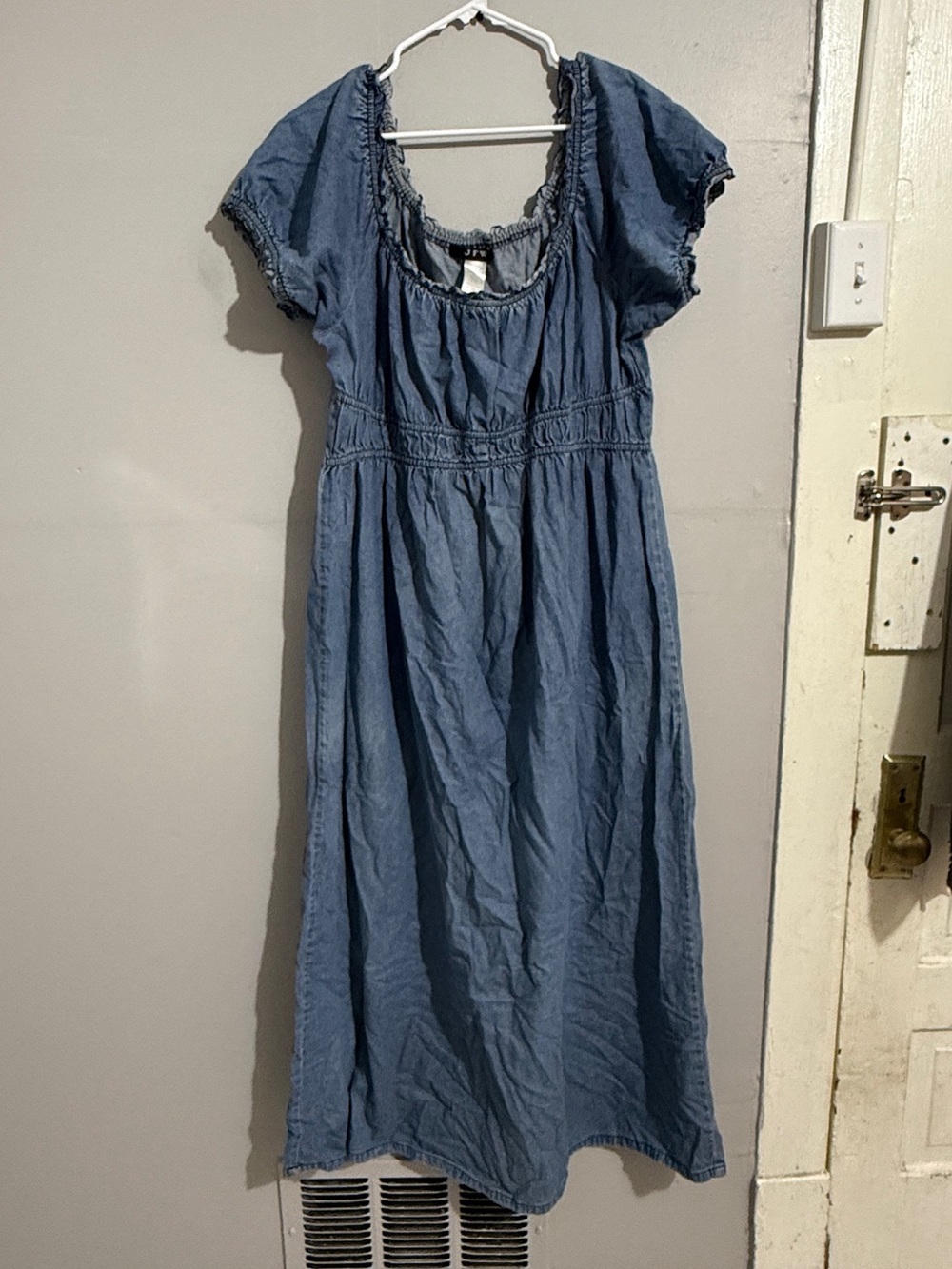 JFW Dress Womens 2X Blue Chambray Denim Look Midi Peasant Cottagecore Prairie